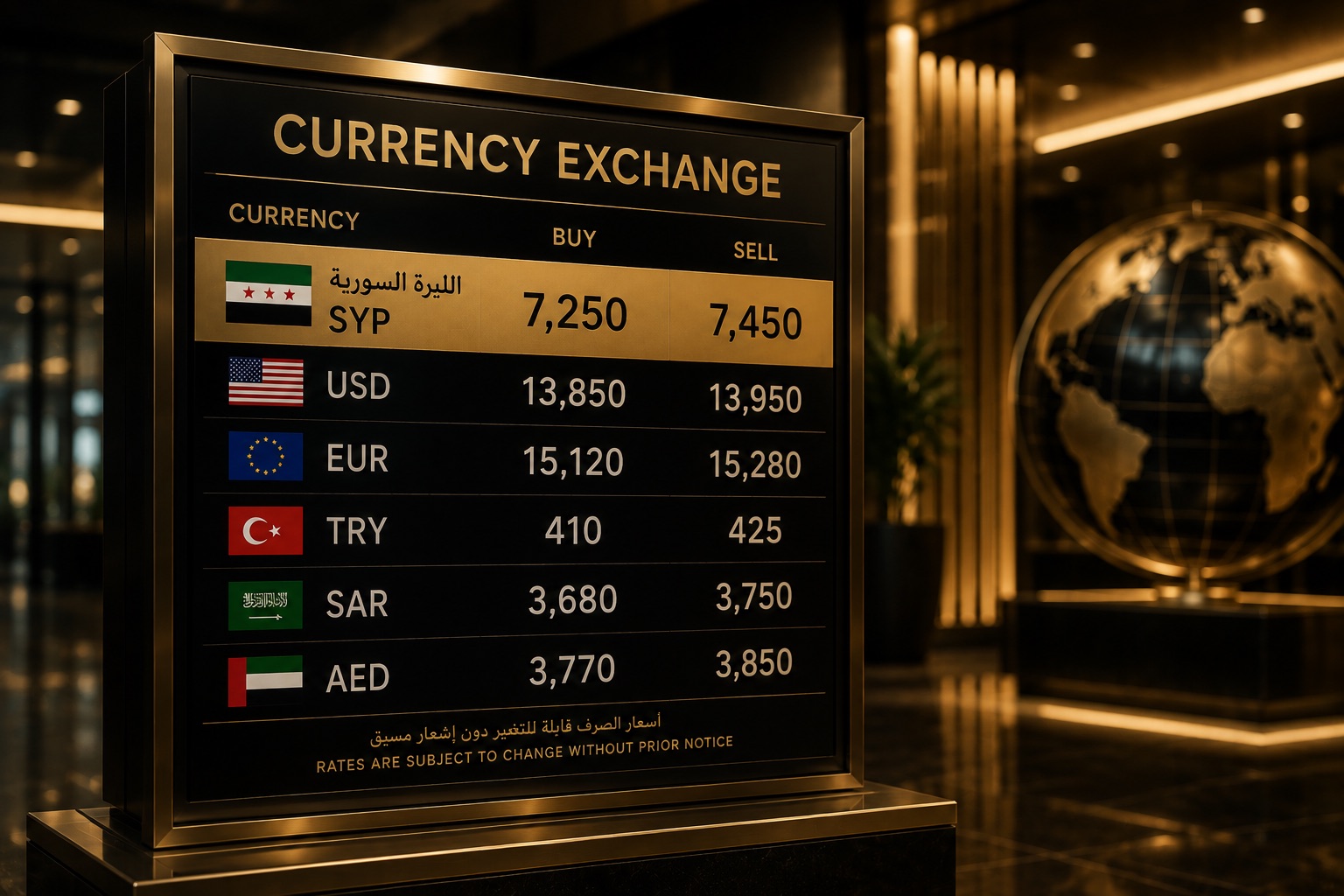 Currency exchange rates in a premium DERIK Exchange branch