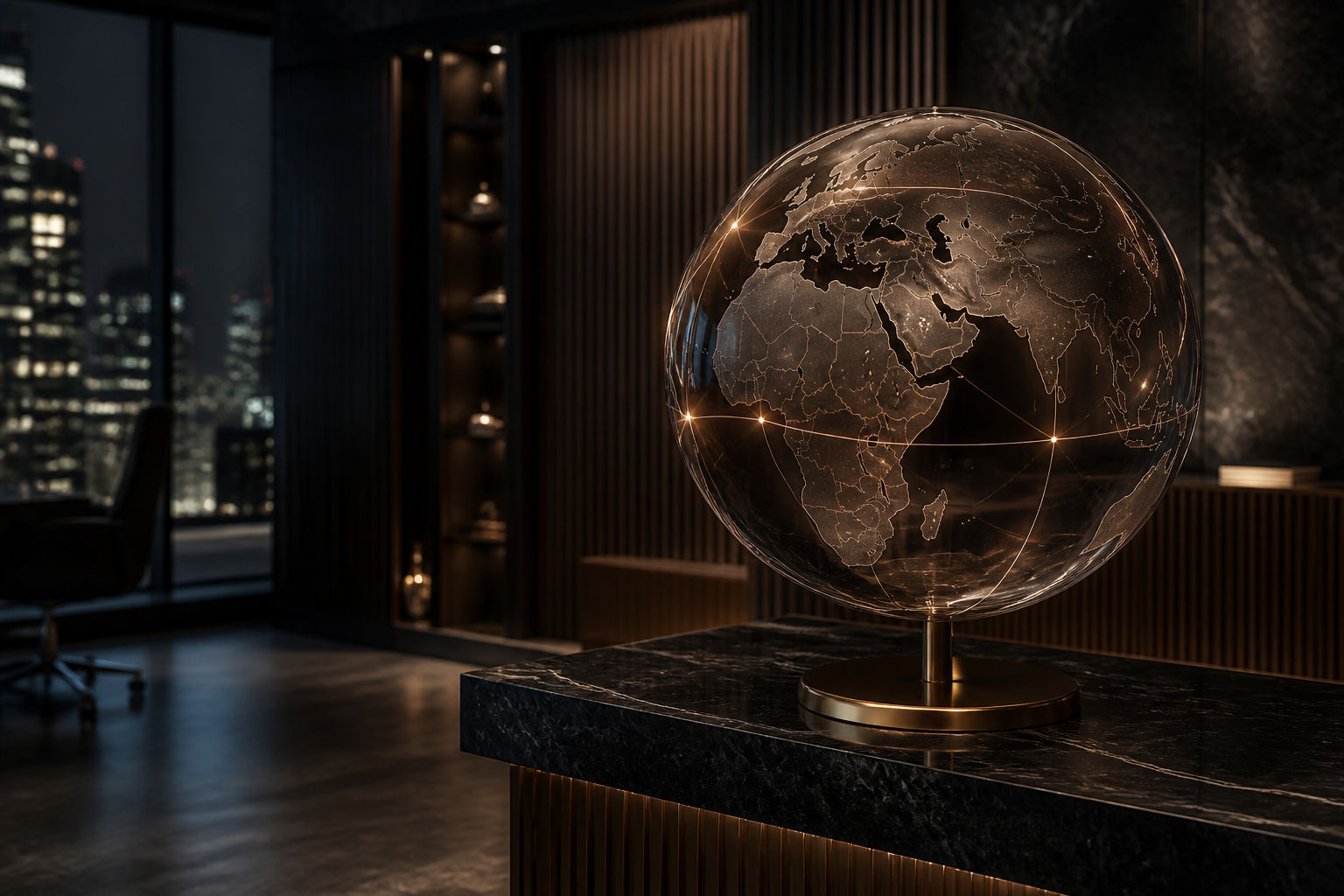 Premium global financial connections represented by an illuminated glass globe